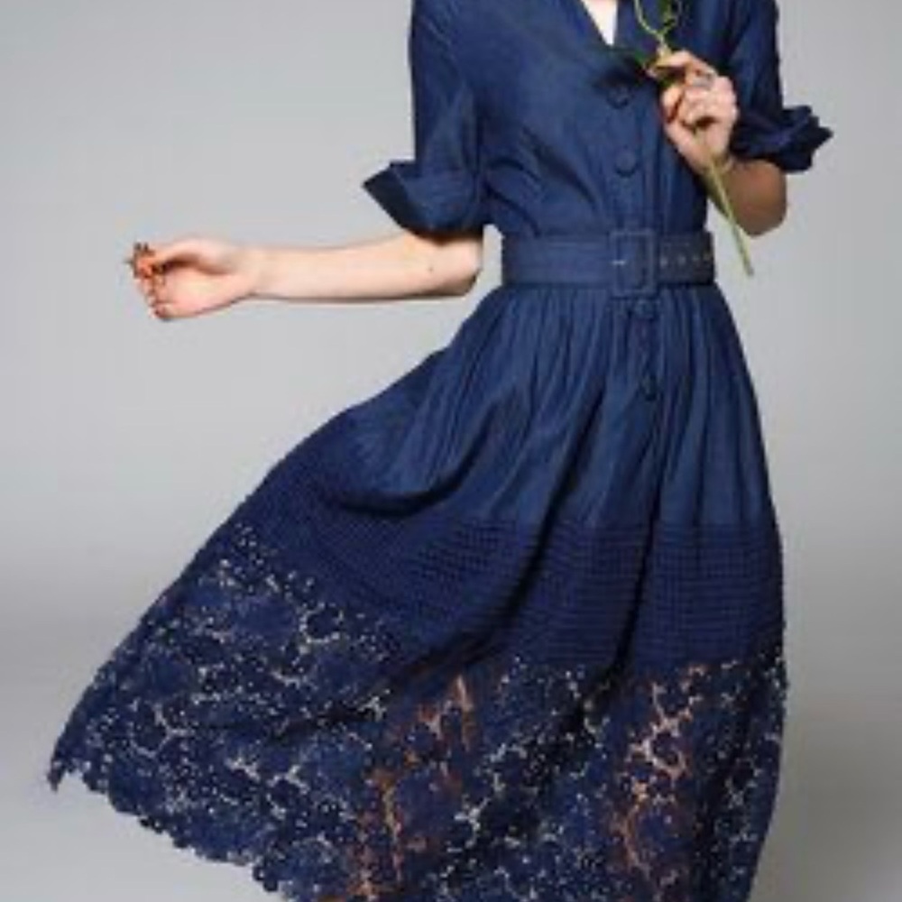 Mooerkerr V-Neck Denim Dress with Cuffed Sleeves and Lace Trim, Small